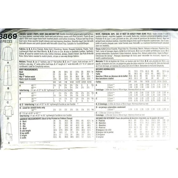 Simplicity Sewing Pattern 8869 Jacket Pants Skirt Bag Top Juniors 11/12-15/16 - Picture 2 of 2